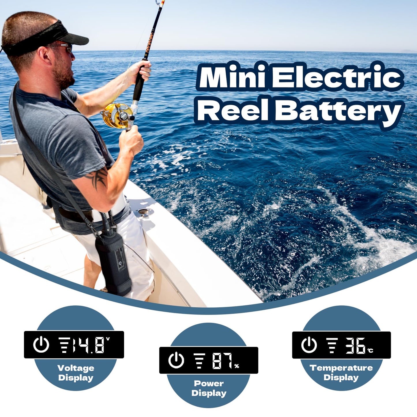 YL-HLOT electric fishing reel battery. IP68 waterproof. Rust prevention. Latest model with digital LED display. Includes 4.9ft power cord. Compatible with Daiwa & Shimano electric reels (Silver. 10Ah)