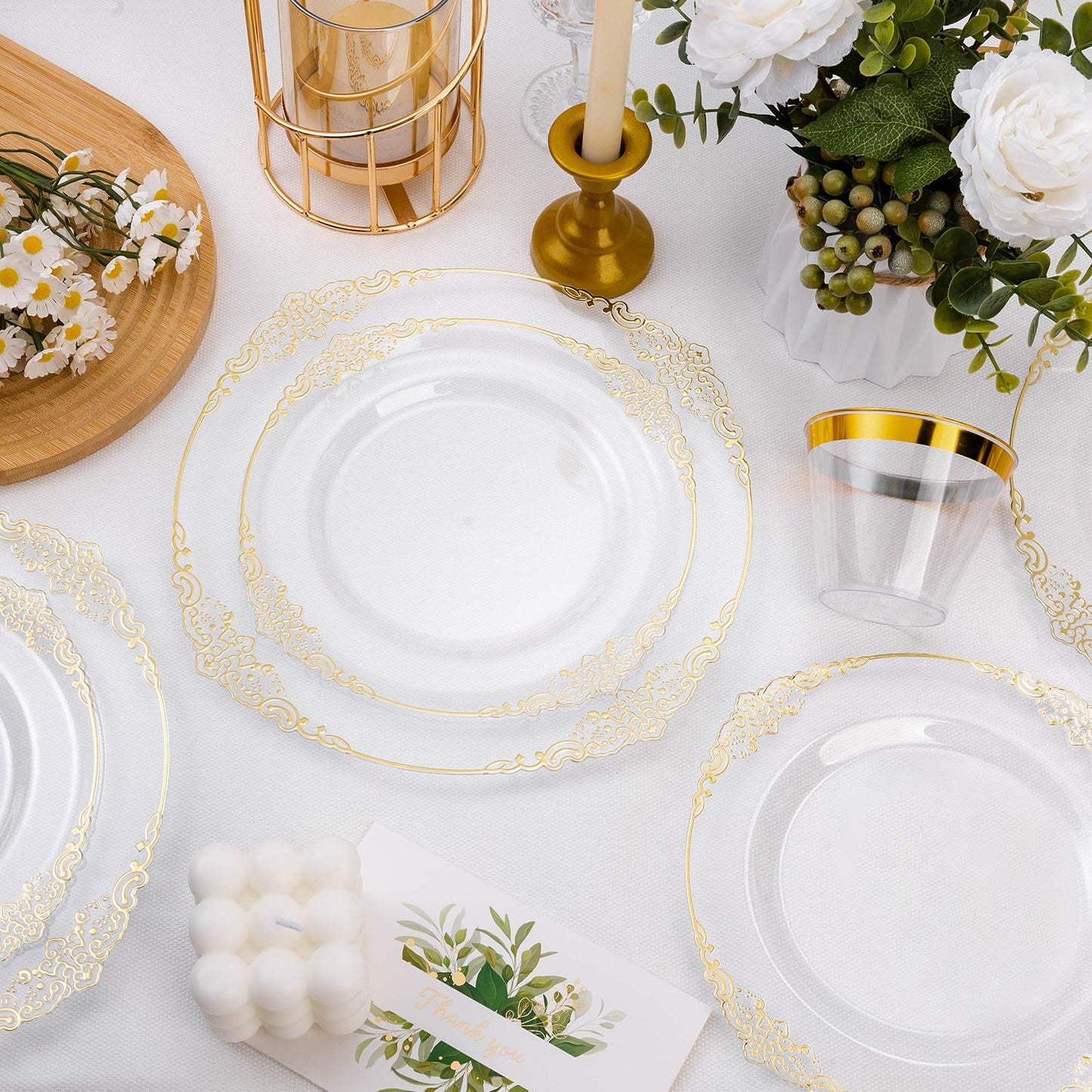 Bestluck 100 PCS Clear and Gold Plastic Plates for 50 Guests, Clear Disposable Plates Include 50 PCS Dinner Plates, 50 PCS Dessert Plates for Party, Wedding
