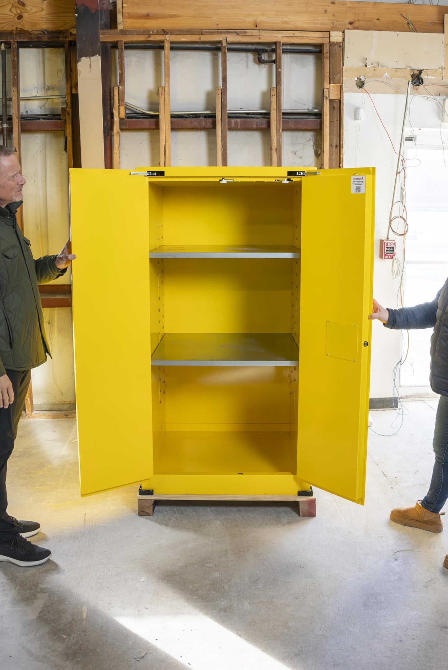 FireKing Yellow Flammable Safety Cabinet, Flammable Liquids Storage Cabinet, 60 Gallon Steel Safety Cabinets with Automatic Door for Commercial, Industrial & Home Use, 34" x 34" x 65"