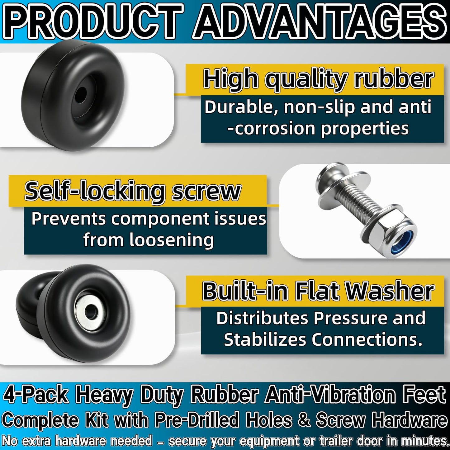 4-Pack Heavy Duty Rubber Anti-Vibration Feet &Rubber Bumpers - 1" x 2.5" Shock Absorbing Pads with Screw Kits for Generators,Pressure Washers,Air Compressors,Pumps,Trailer Ramp Door Bumpers