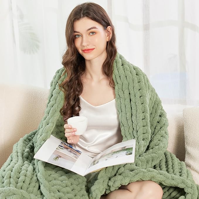 Admitrack Chunky Knit Blanket Throw, 100% Hand Knit Chenille Throw Blanket for Sofa & Home Decor, Soft and Cozy Knitted Throw Blankets (Sage Green, 60"x80")