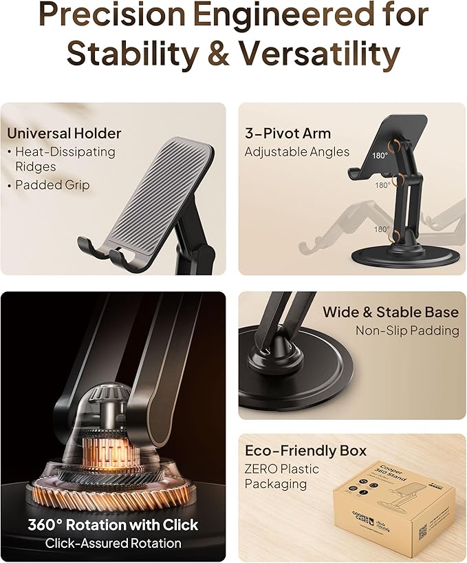 COOPER 360° Stand, Rotating Cell Phone Stand for Desk | Sturdy Metal Base, Foldable, Portable | Cell Phone Holder for Desk (Piano Black)