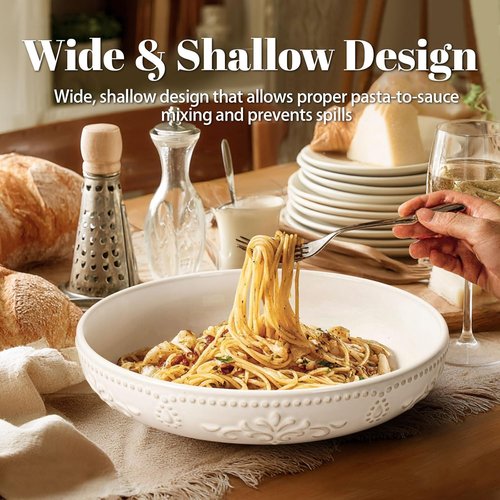 Artena Large Pasta Bowls Set of 4 - 50oz White Ceramic Salad & Soup Bowls | Microwave & Dishwasher Safe