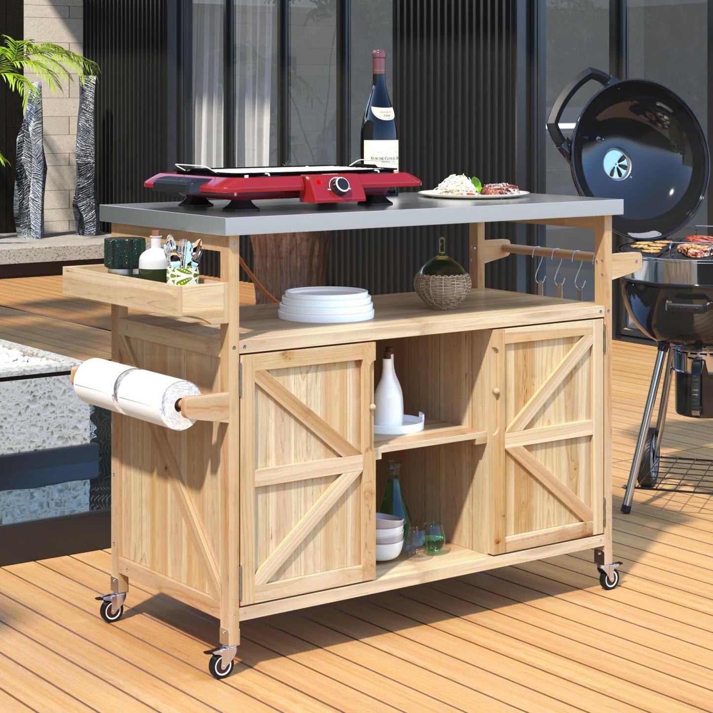 DFCHLDA Outdoor Kitchen Island Rolling Bar Cart & Storage Cabinet, Farmhouse Solid Wood Grill Table with Stainless Steel Top, Spice Rack & Towel Rack for Kitchen & BBQ(Natural, 50.25inch)