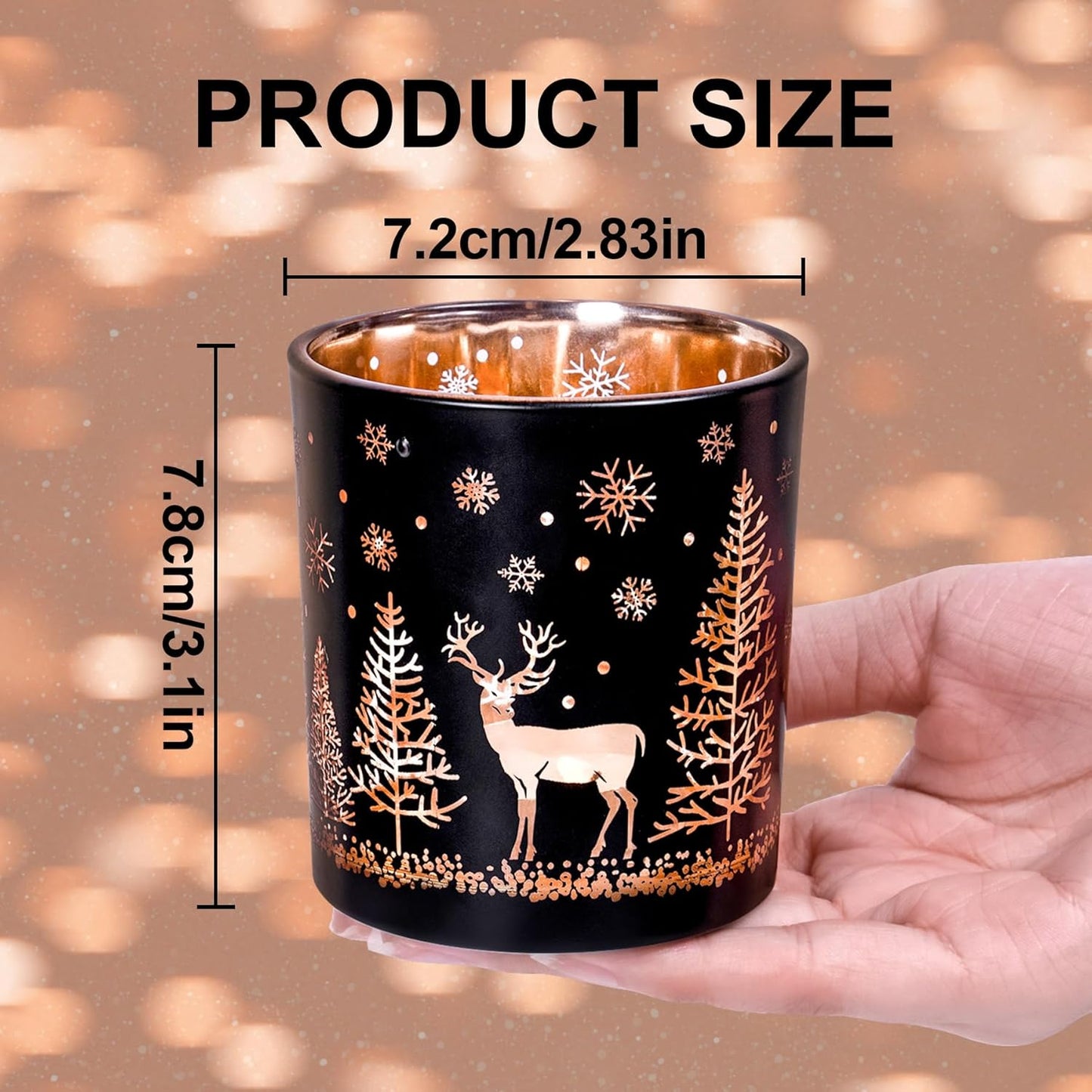 Skiennix Votive Candle Holders - Black & Gold Glass Tealight Set of 3 | Festive Elk, Tree & Snowflake Designs for Holiday Decor