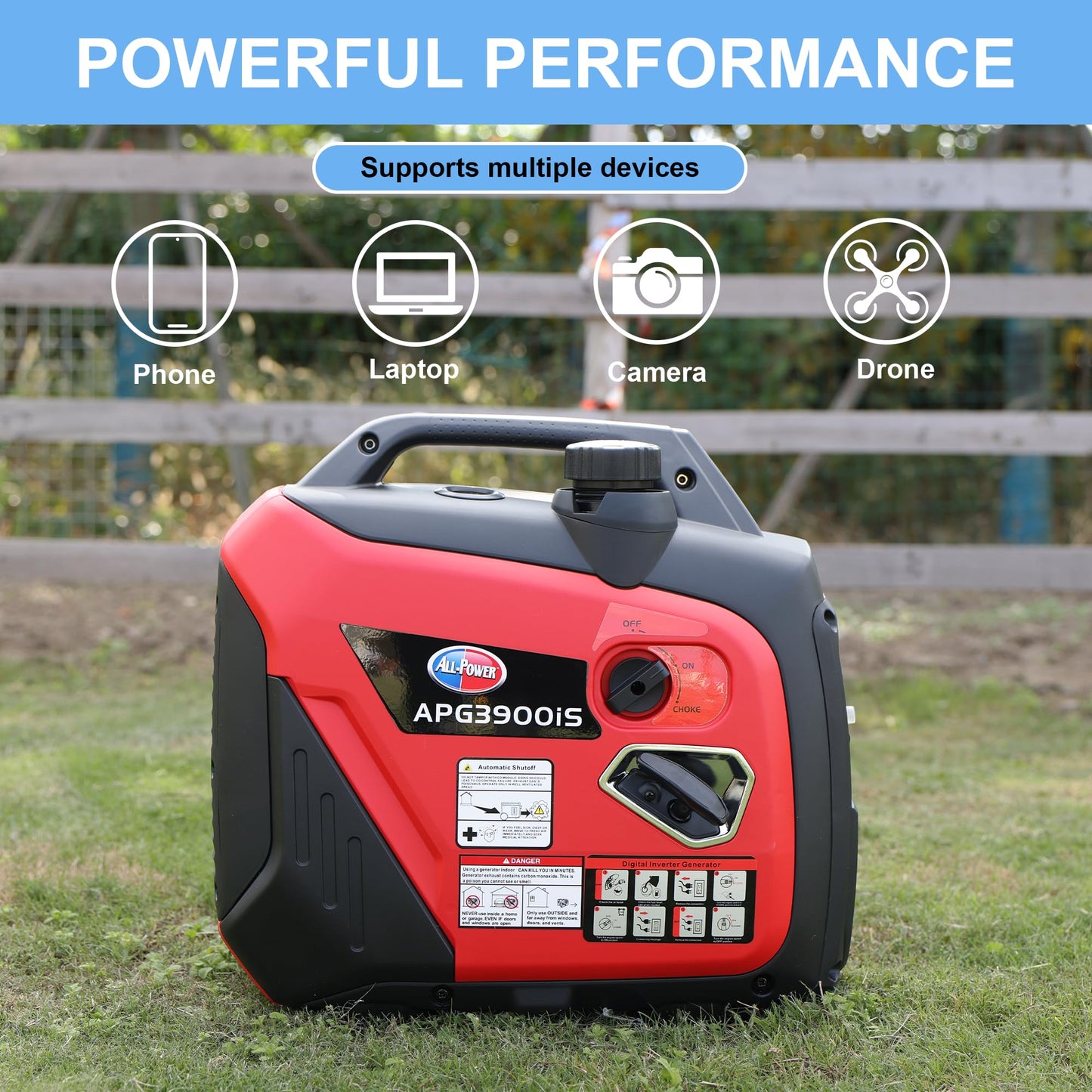 ALL-Power 3300W Peak Power Quiet Inverter Generator, 19.5kg Portable, 67.6dB Low Noise, Commercial Generator for Job Site, Small Business, Outdoor Work, Home Backup (Model: 2020001)