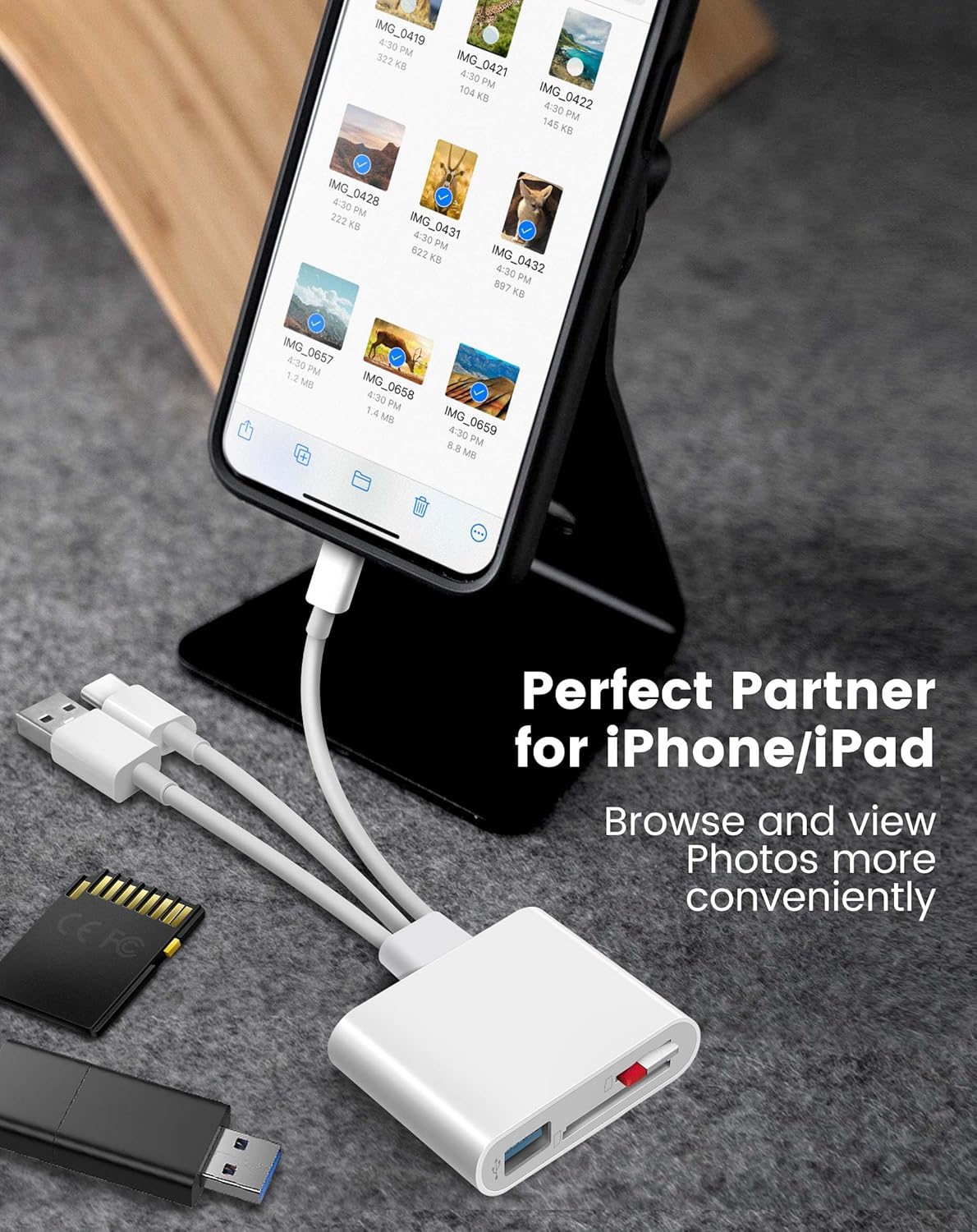 BKYMPR 3 1 SD Card Reader for iPhone iPad Mac, Lightening & USB-C & USB-A in Memory SD Card Adapter, Support