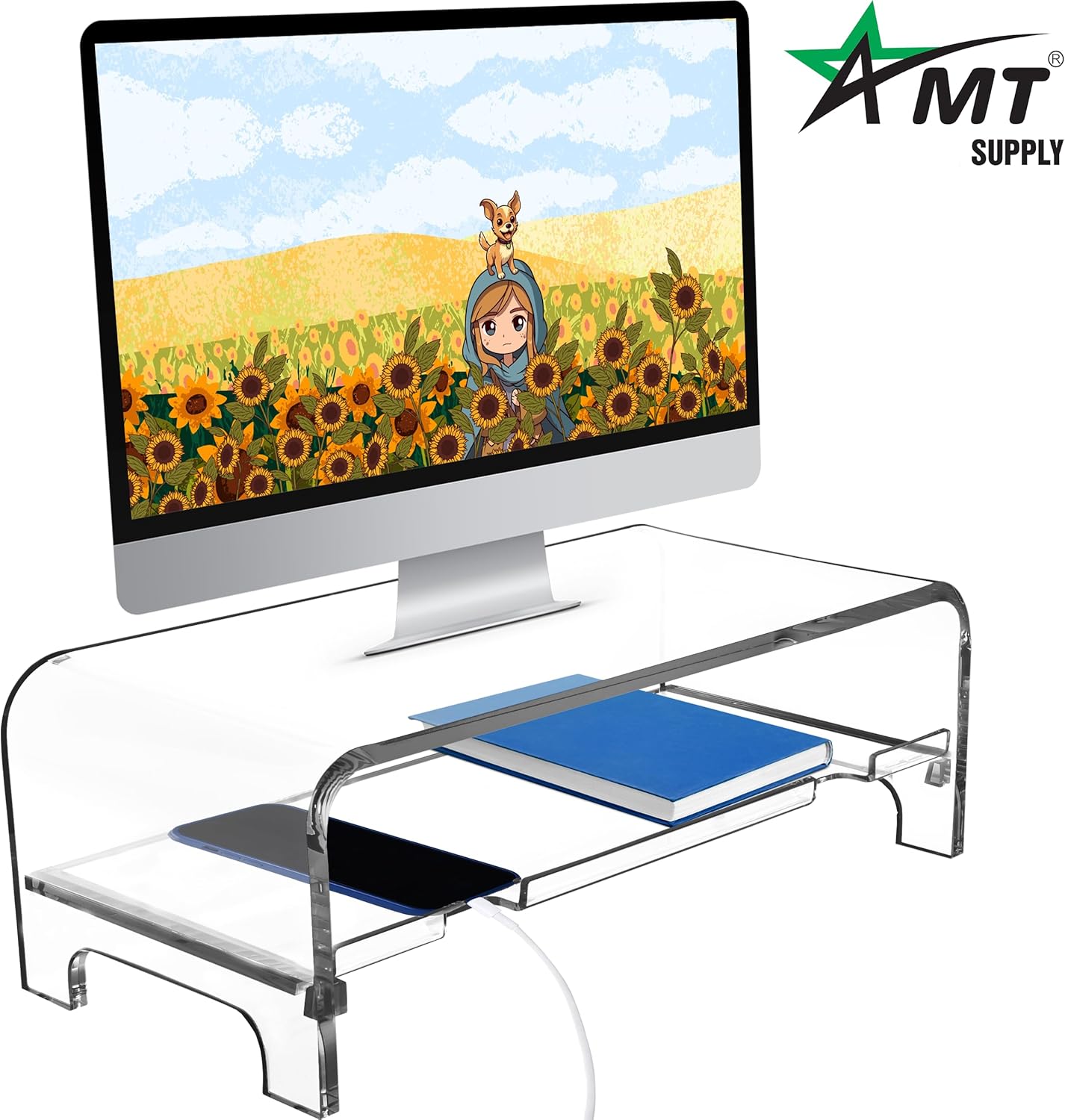 5.7 Inch AMT Acrylic Monitor Stand and Laptop Riser with Keyboard Cover, Clear Desktop Shelf for Office and Home