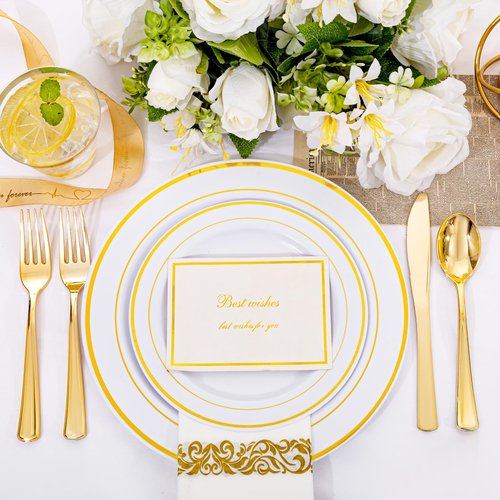 I00000 350Pcs Gold Dinnerware Set for 50 Guests, Gold Plastic Plates for Party, Include: 100 Disposable Plastic Plates, 50 Paper Napkins, 50 Cups, 50 Silverware Set Perfect for Party & Wedding