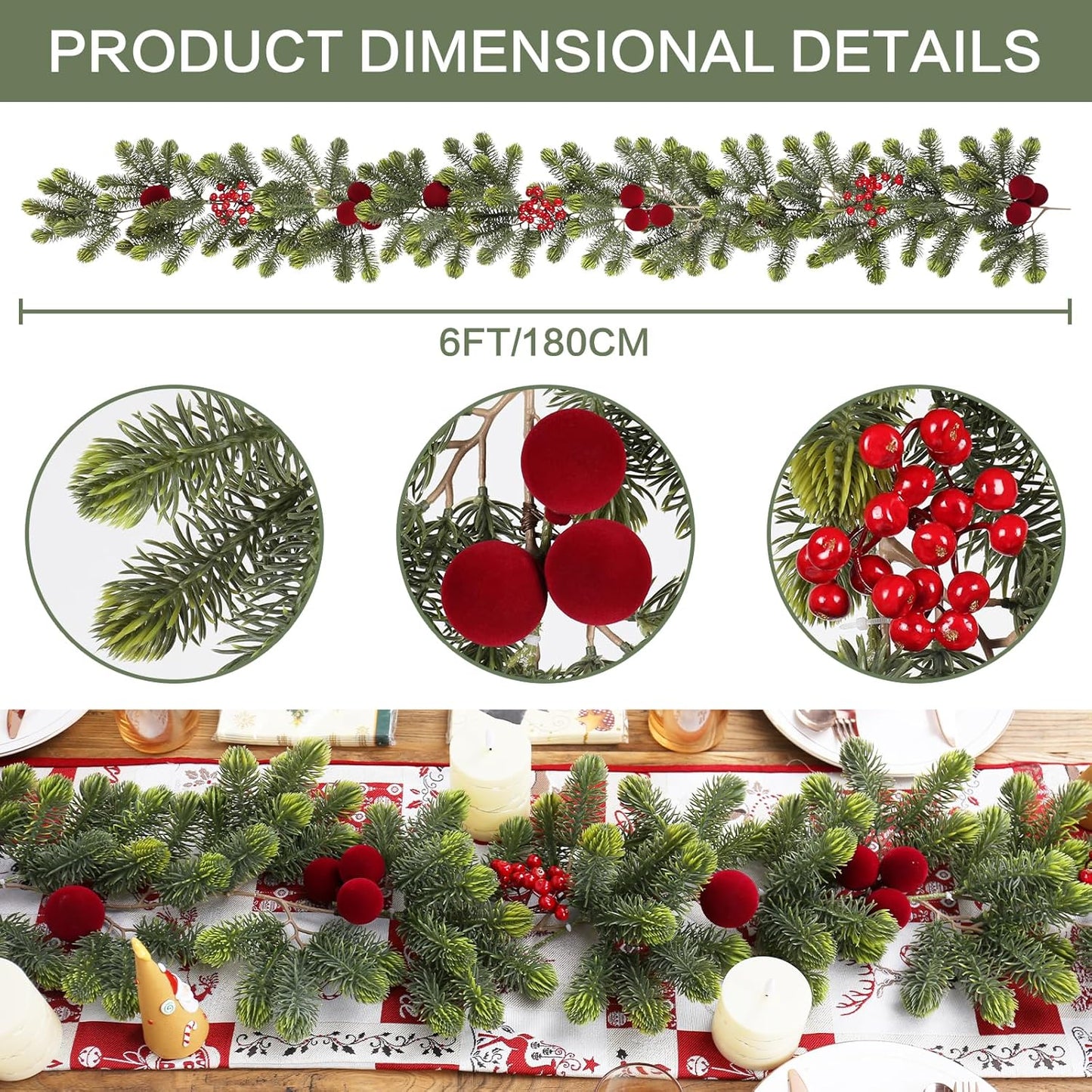 SY Super Bang 6FT Christmas Garland - Artificial Green Decor with Velvet Balls & Red Berries for Holiday Cheer