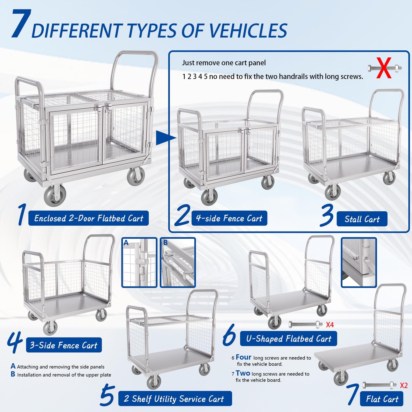 Upgrade Platform Truck with Cage, Mutipurpose 7-in-1 Heavy-Duty Utility Cart,2-Door Design Foldable Flatbed Cart with Industrail Wheels, Rmovable Fence, Load 2000lbs for Grocery/Laundry/Stall/Storage