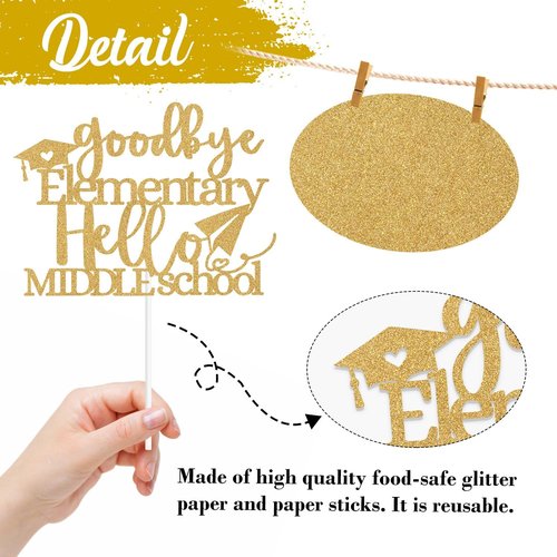 Goodbye Elementary Cake Topper by [Brand Name] - Celebrate 5th Grade Graduation with Gold Glitter Design