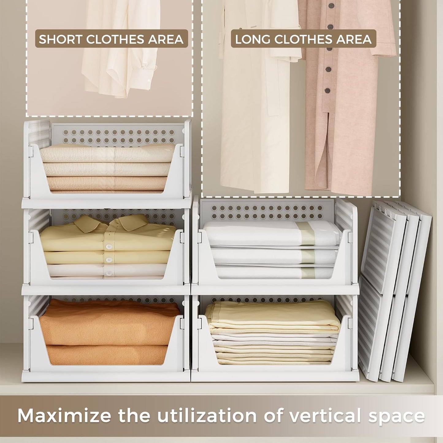 Pinkpum 8-Pack Closet Organizers - Stackable Plastic Storage Bins for Wardrobe & Kitchen | White