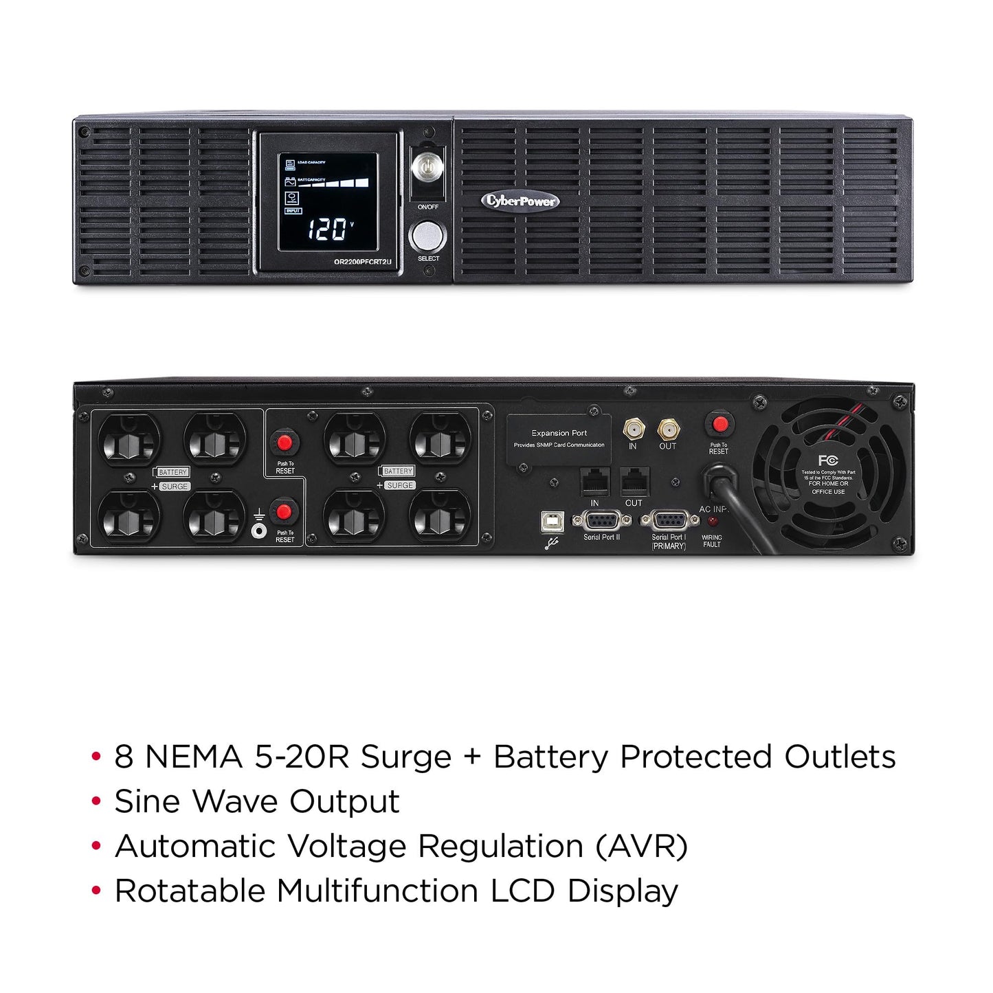 CyberPower OR2200PFCRT2U PFC Sinewave UPS Battery Backup and Surge Protector, 2000VA/1540W, 8 Outlets, AVR, 2U Rack/Tower, UL Certified