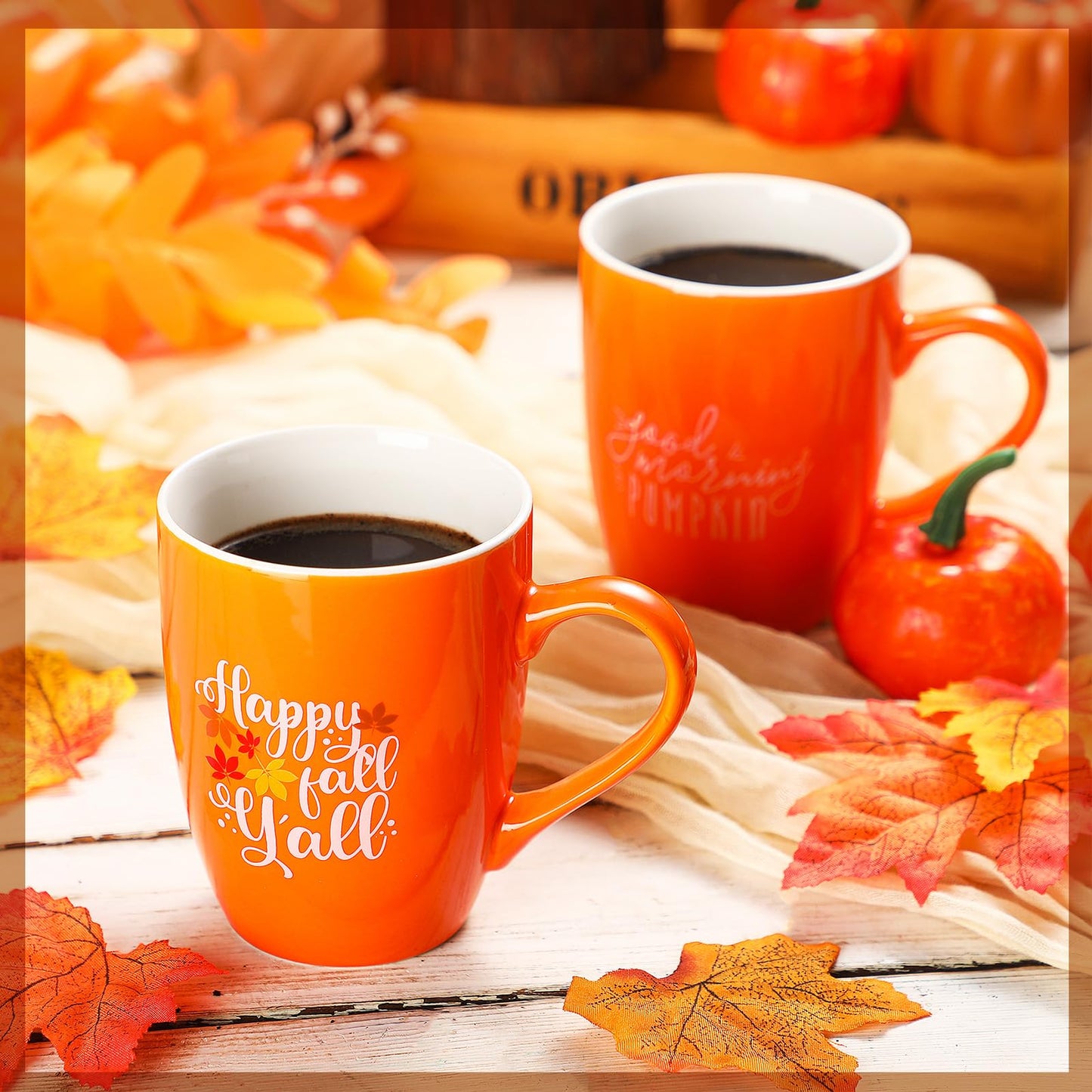 Funtery 4 Pcs Thanksgiving Coffee Mugs Fall Mugs Autumn Pumpkins Cups Happy Fall Y'all Coffee Mug Good Morning Pumpkin Cup Camp Mug Campfire Mug Ceramic Cup for Home Women Men Mom Dad (Orange,White)