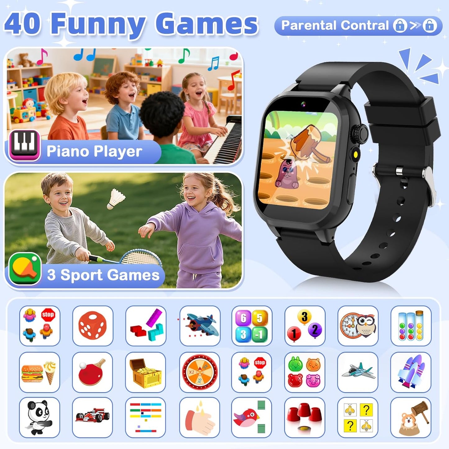 Dolwenqi 40 2 3-12 Smart Watch for Kids, Smart Watch Boys Toys with Games Camera Video Recorder Music Alarm Learn Card