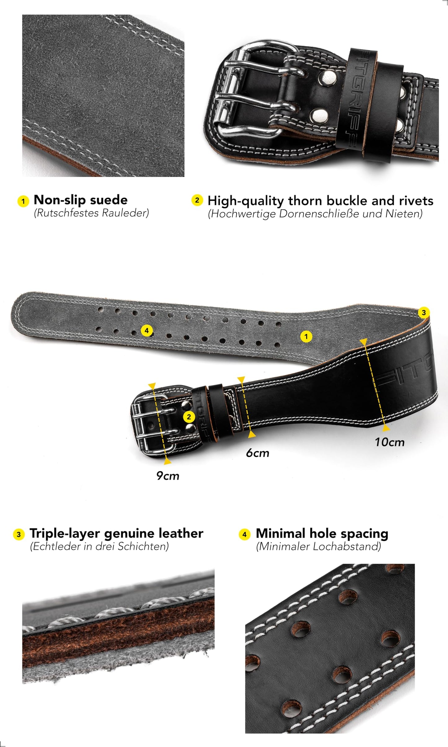 Fitgriff® Classic Weight Lifting Belt (100% Leather) for Men and Women - Gym Belt for Squats, Deadlift, Back Support (XXL, Black (4 inch))