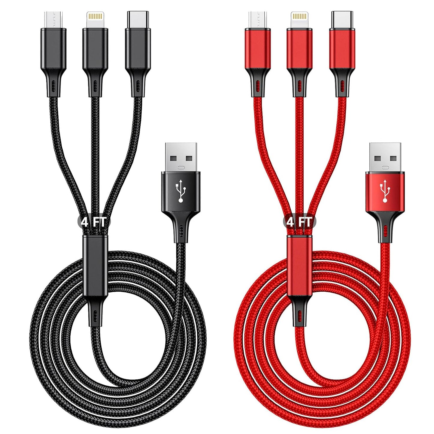 4ft 2Pack 3 1 Multi Charging Cable, Multi Phone Charger Cable Braided Universal in Charging Cord Extra Long Multiple