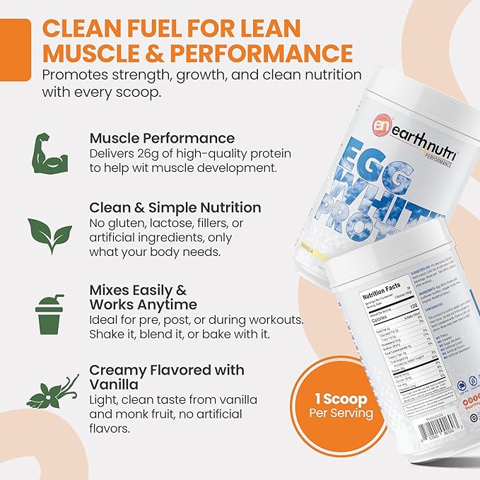 EarthNutri - Egg White Protein Powder Supplement for Pre, Intra or Post Workout, 26g of Protein Per Serving, Supports Muscle Strength & Recovery, No Artificial Additives - Vanilla 20 Servings (640g)