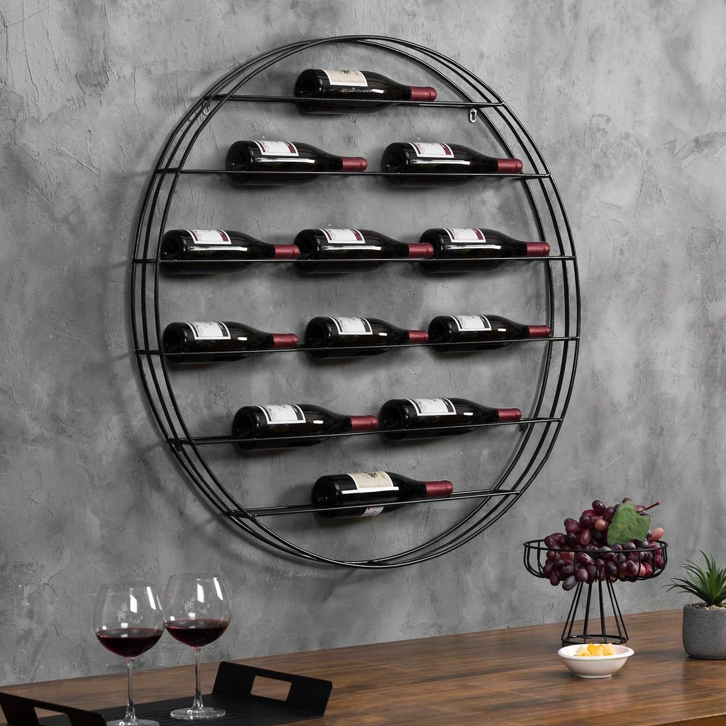 MyGift 12-Bottle Modern Black Metal Round Wall Mounted Wine Rack – 6-Tier Horizontal Storage Shelf for Kitchen, Living Room & Wine Cellar – Space-Saving Wall Decor & Cork Preservation