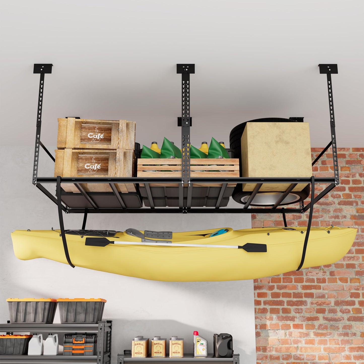 STORKING 4x8 Ft Overhead Garage Storage Rack, 28-41 inch Height Adjustable Ceiling Mounted Organization Rack, 750 lbs Weight Capacity, 48"x96" Metal Rack for Garage Storage with Hanging Rods