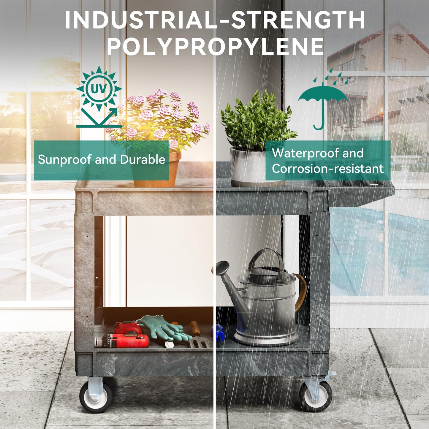 YITAHOME 2 Tier Heavy Duty Plastic Utility Cart 45 x 25 Inch, Rolling Work Cart w/Deep Shelves & 360° Swivel Wheels(2 Brake), Plastic Tool Cart Suitable for Warehouse, Garage, Office, Cleaning, Gray