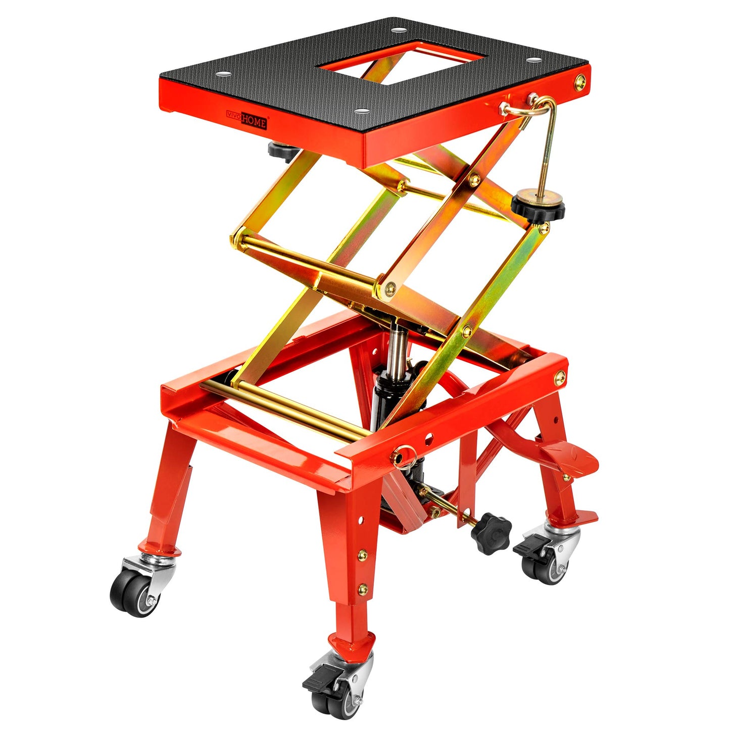 VIVOHOME 350 Lbs Heavy Duty Hydraulic Motorcycle Lift Jack, ATV Dirt Bike Foot Operated Scissor Stand Table with 4 Wheels and Removable Stopper, Red