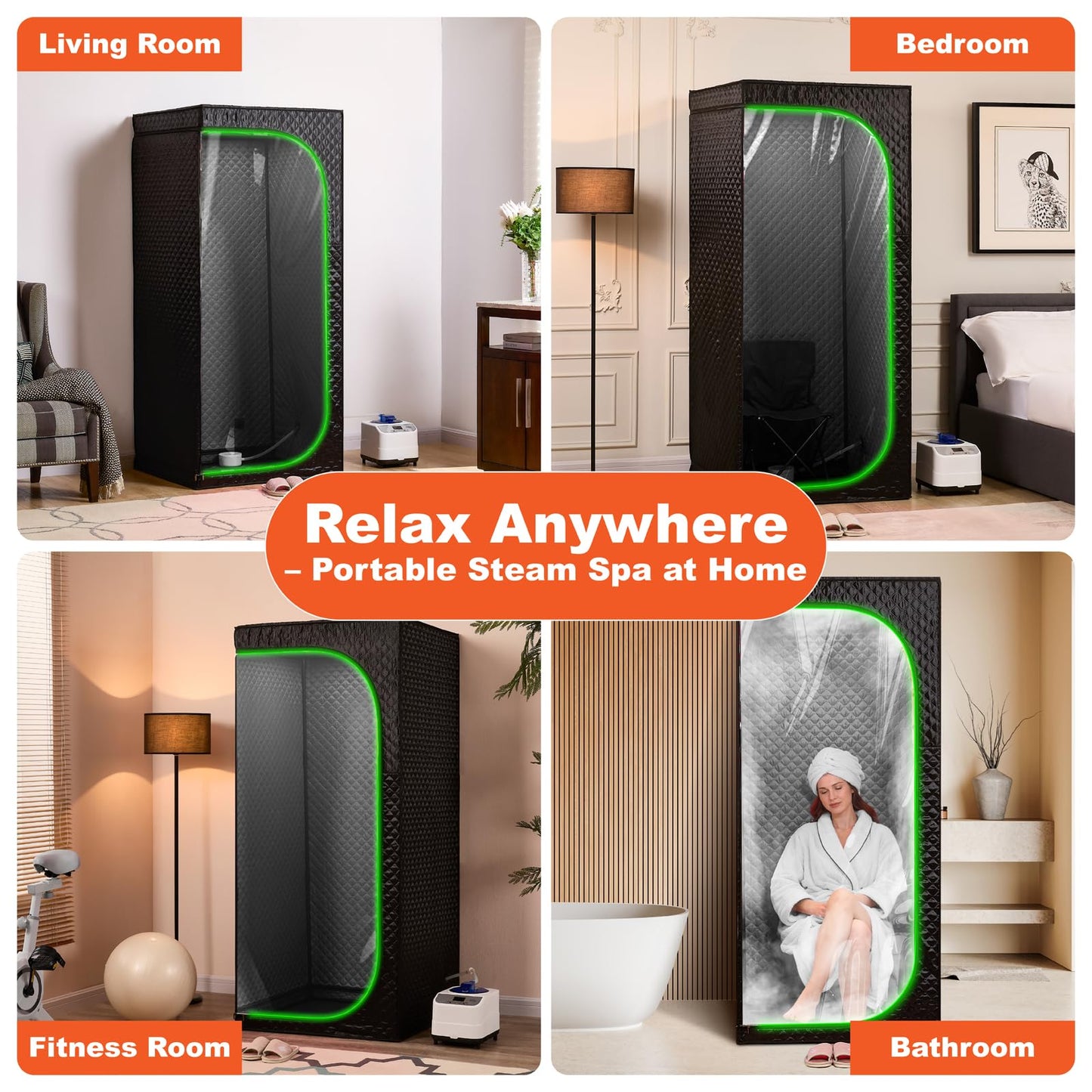 UNANEST Portable Steam Sauna Tent with Clear View Door, Black, Full Size Square Sauna for Home, 3L Steamer, 9 Heat Levels