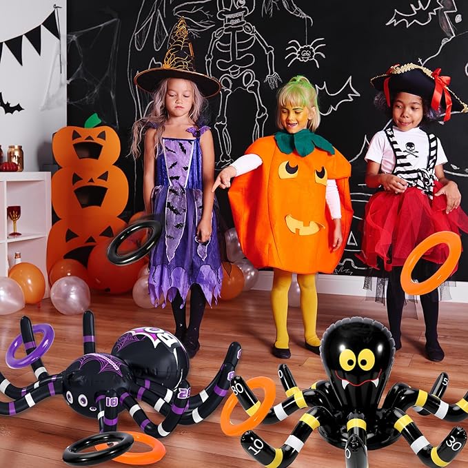 Max Fun Halloween Ring Toss Games for Kids, 2 Pack Inflatable Spiders Set Halloween Party Favor Supplies Holiday Carnival School Decoration Outdoor Indoor Spooky Creepy Game