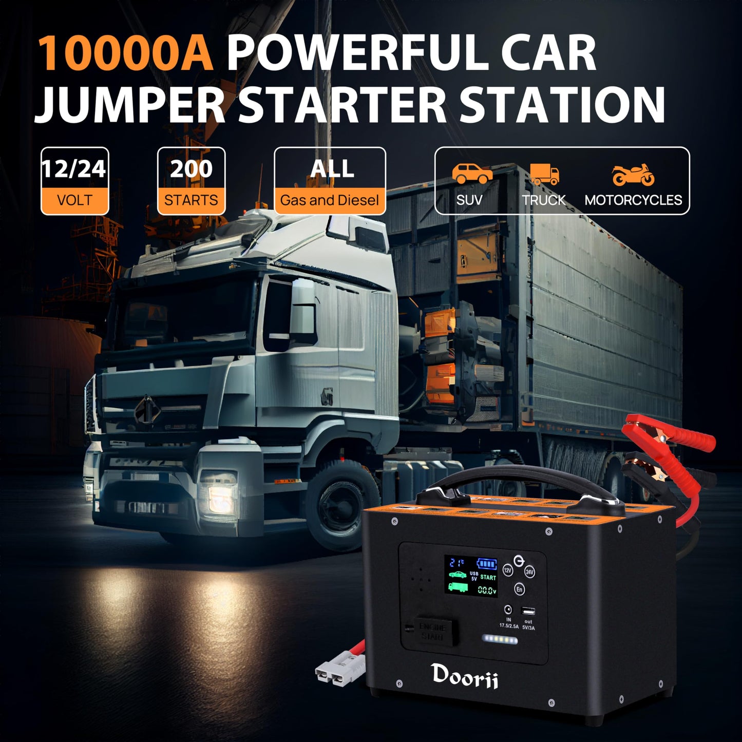 Doorii 10000A Jump Starter, 24V 155WH Car Jump Starter Battery Pack for All Gas & All Diesel Engine, Portable Truck Jump Starter, Power Station for Camping Essentials (V10-1)