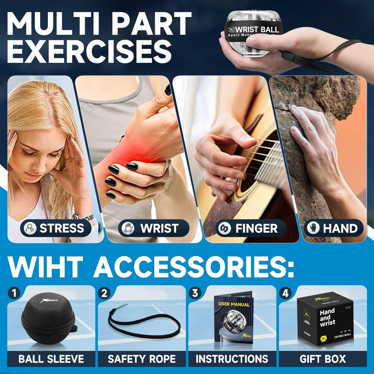 XMALL Torque Ball Hand Exerciser, Grip Strength Trainer, Auto-Start Colorful Lighting, Forearm Strengthener, Hand Strengthening Devices, Wrist Power Gyro Ball, Wrist Strengthener, Auto-Start(Black)
