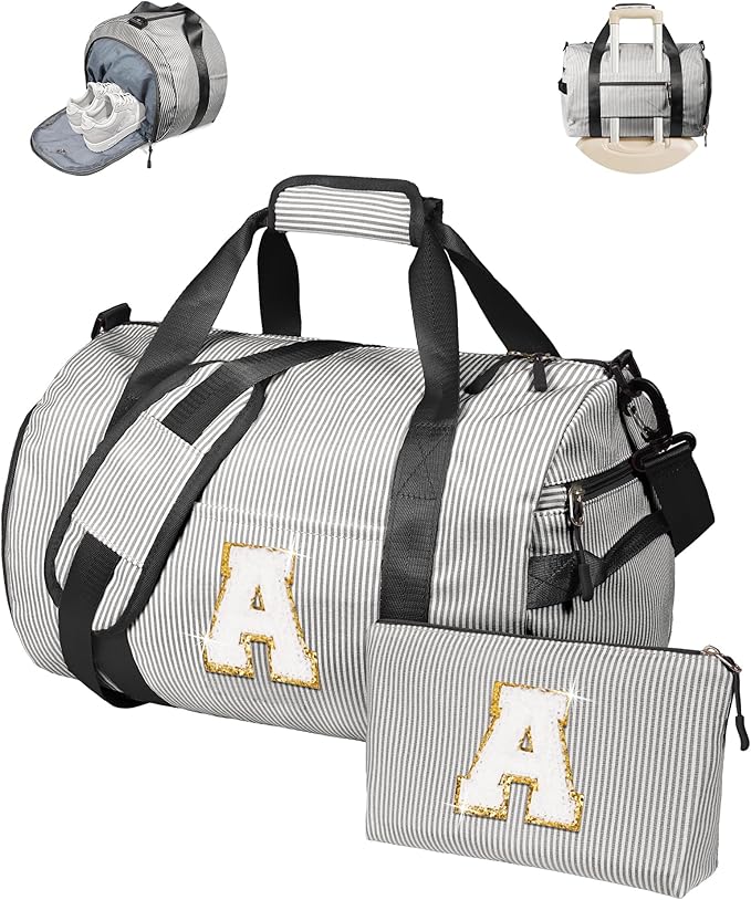 Birthday Gift for Daughter, Girl Gym Bag, Kids Monogram Overnight Duffel Bags with Shoe Compartment, Personalized Travel Bag with Makeup Pouch, Ballet Recital Gifts for Niece (Letter A)