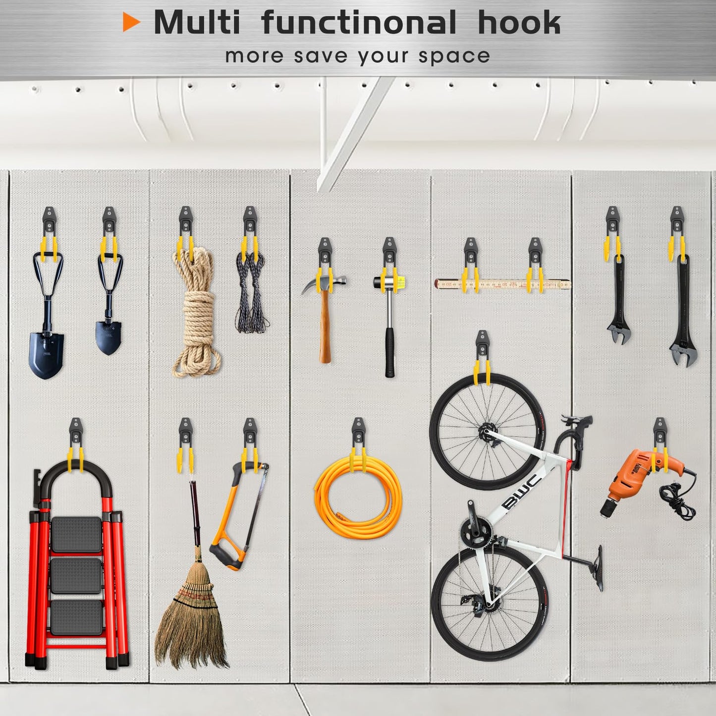 Pruite Garage Hose Hooks Wall Mount, 6 Pack Heavy Duty Storage Hooks for Garden Tools, Wall Hooks for Water Hoses, Brooms, Ladders, Garage Storage, Yellow