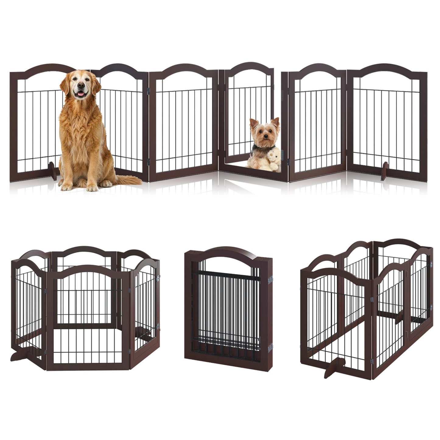 Vantas Espresso Wooden Folding Dog Gate 144" Wide x 30" Tall with Door, Freestanding Pet Gate, Pet Puppy Safety Fence