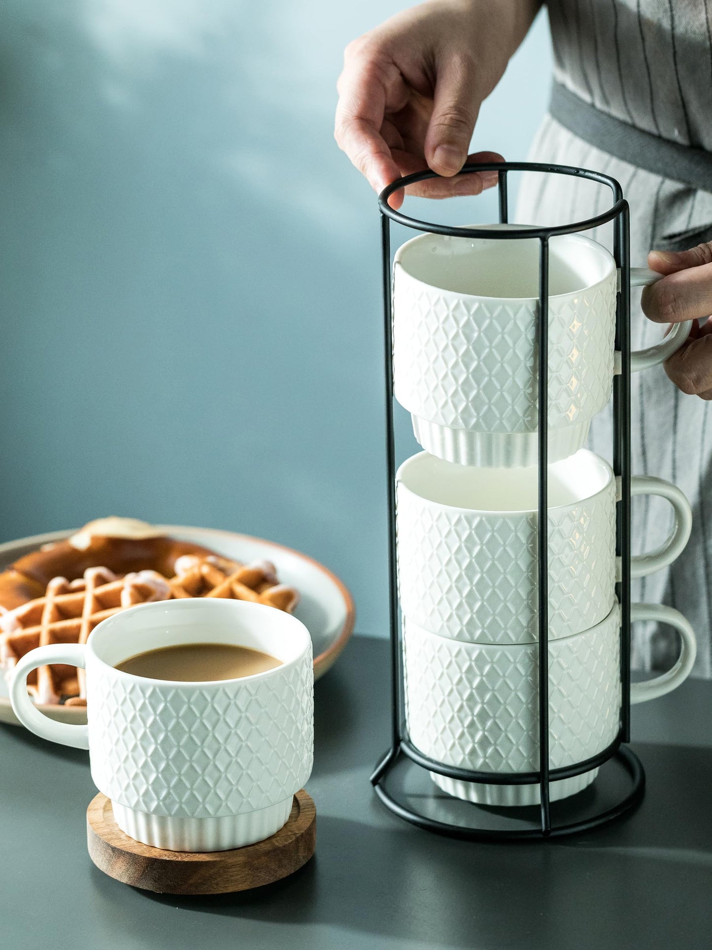 LYEOBOH Stackable Coffee Mugs with Rack, 13 oz Ceramic Coffee Mug Set of 4 with Stand, Latte Cup with Spoon, Cappuccino Cups for Hot Cocoa, Milk, White
