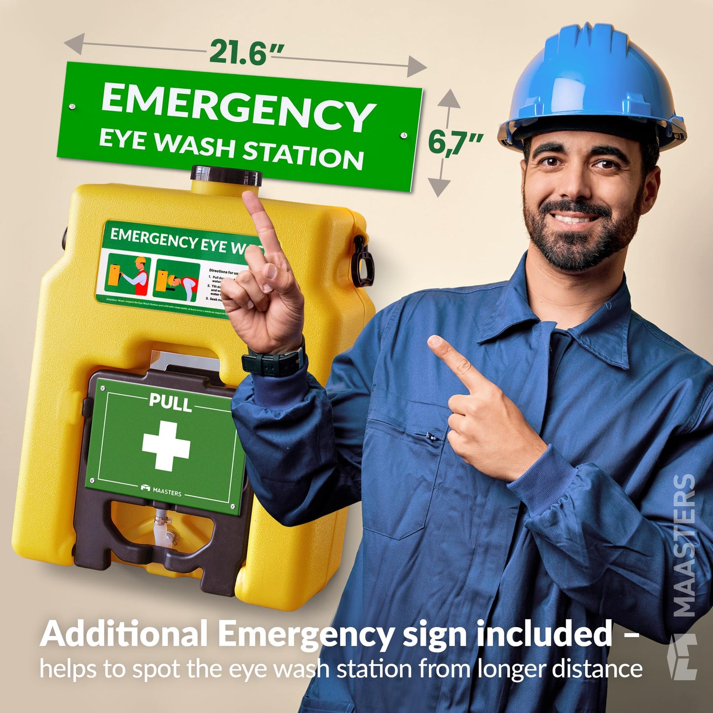 MAASTERS 14 Gallon Portable Eye Wash Station, Wall Mount Eyewash Station OSHA-Compliant, Emergency Eye Wash Station with Mirror & Dual Spray