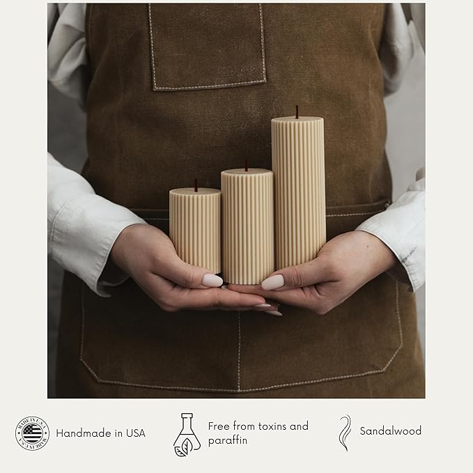 LAWA Roman Handmade Tall Ribbed Pillar Candle - Beautiful Scented Soy Wax Dinner Candle | Classic Aesthetic Decoration Set | Housewarming Gift | Home Room Shelf Decor Idea - Sandstone (Set of 3)
