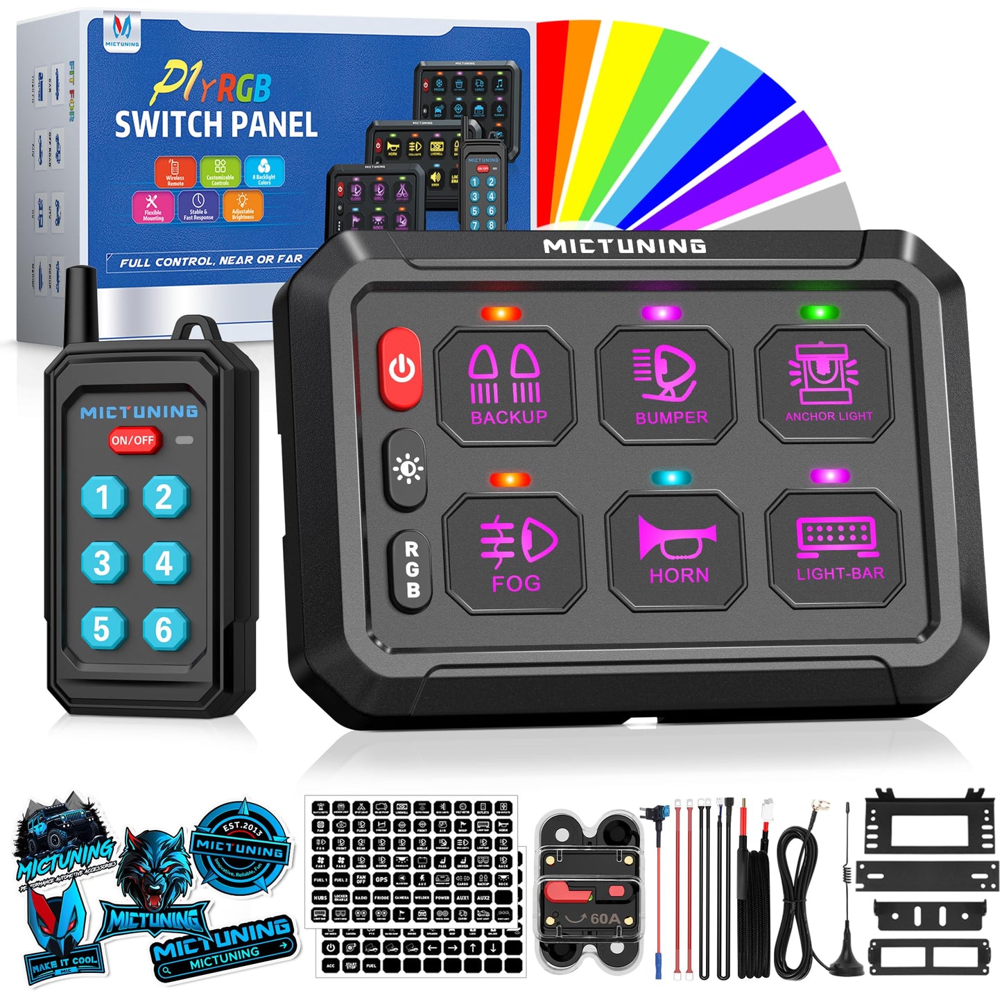 MICTUNING P1Y RGB 6 Gang Switch Panel Remote Control Range Up to 230FT, Multifunction Toggle Momentary Strobe Pulsed Switch Pod Backlit Off 6 Level Brightness Circuit System Box for Car UTV Offroad