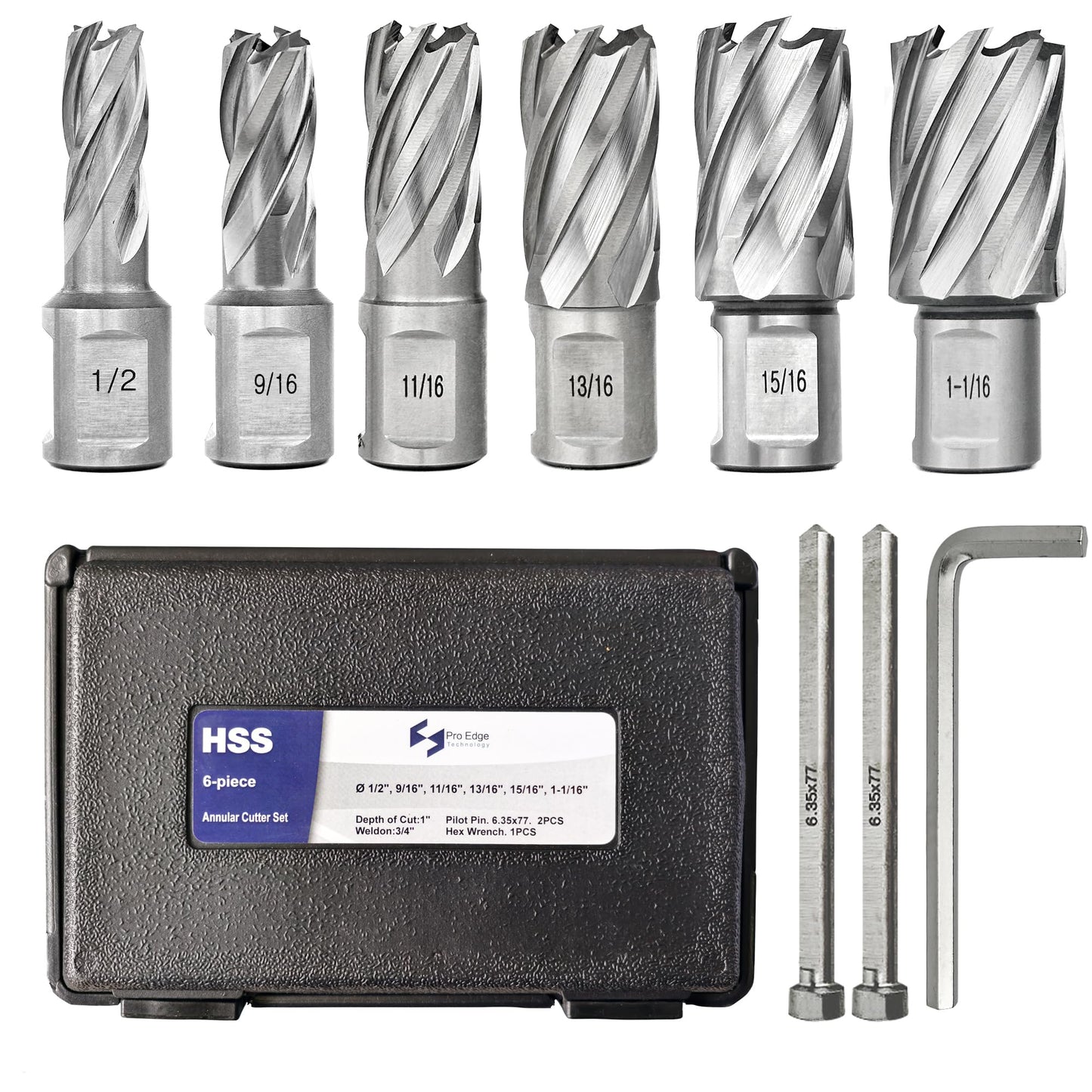 Pro Edge 6pcs Annular Cutter Set, 1" Cutting Depth, 1/2" to 1-1/16" Cutting Diameter, M2 Mag Drill Bits for Magnetic Drill Press with 2 Pilot Pin & 1 Hex Wrench, for Steel, Aluminum, Copper