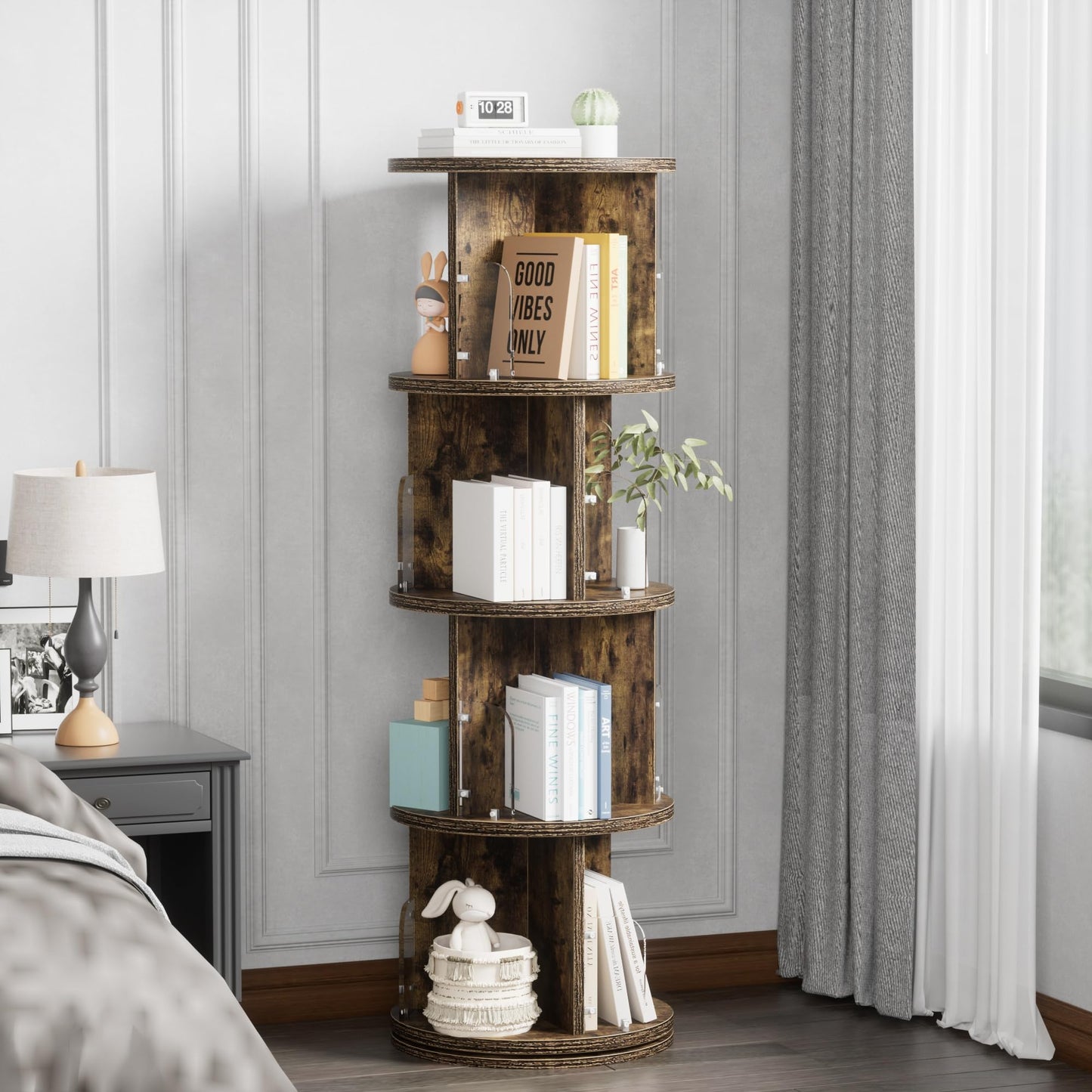 VECELO Rotating Bookshelf Tower, 360°Revolving Bookcase, Round Book Shelf Rotating, Stackable Storage Display Rack Floor Standing, Corner Bookshelf for Home Office, Deep Brown