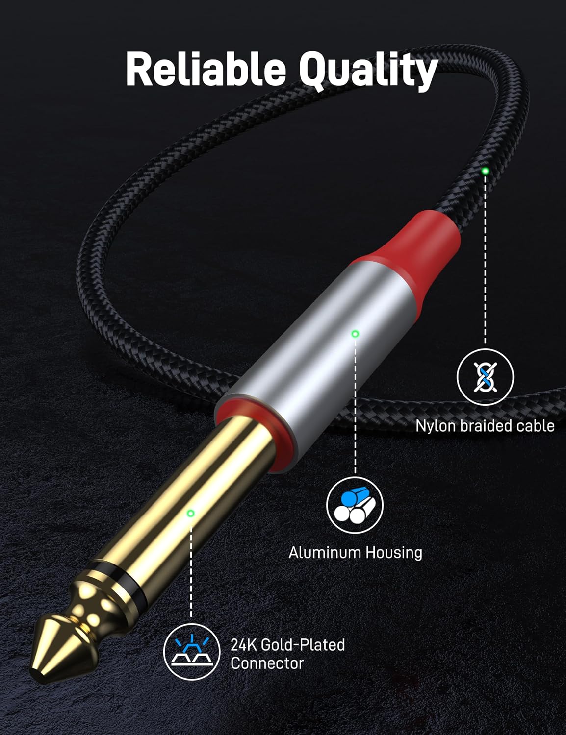 3.5mm 1/8" 6.35mm 1/4" 6.6FT, TRS to Double TS Mono Y Cable Splitter Cable, Gold Plated for Phone iPod Laptop