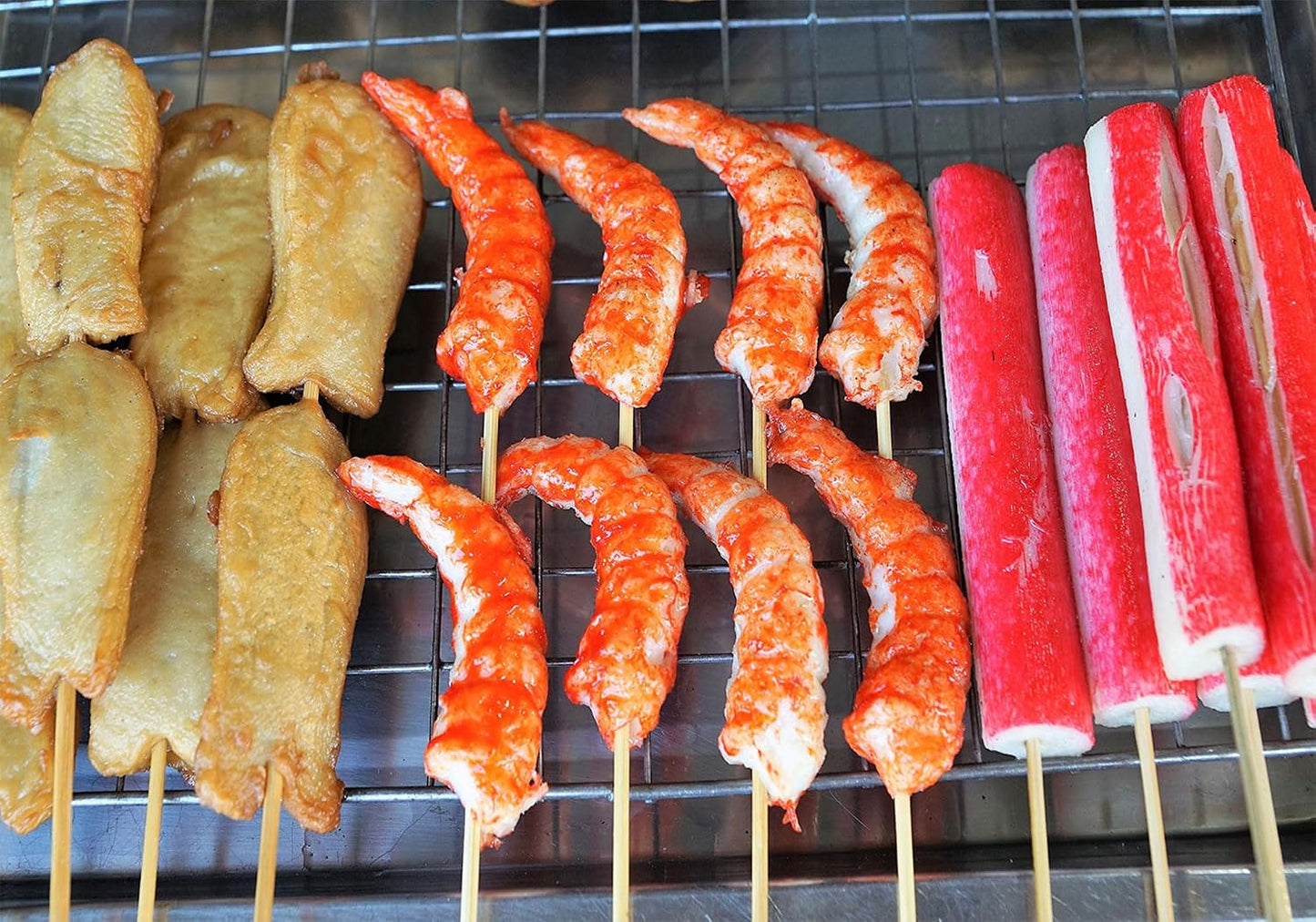 SHDASMIL 9X6ft Grilled Shrimp Skewers with Fried Tofu and Crab Sticks on Rack Backdrop Asian Street Food Display