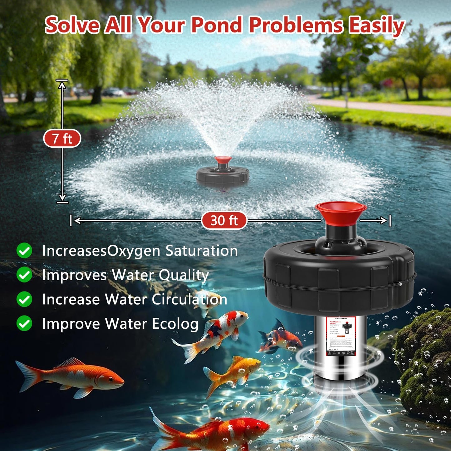 Pond Fountain Aerator, 1HP 110V 750W 15000 GPH Floating Fountain Pump with 100 FT Power Cord, 2 x 100 FT Rope, Timer, Fully Automatic Powerful Aerating Fountain for Larger Ponds, Lakes