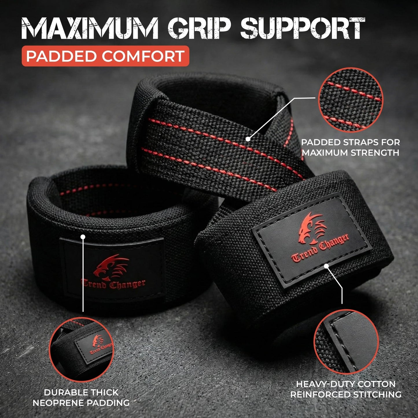 Trend Changer Figure 8 Lifting Strap Padded Deadlift Straps Heavy Duty Weight Lifting Straps Strongman Axle Bar Straps Weightlifting Wrist Wraps (Large (8.0'' & UP Wrist Circumference), Black/Red)