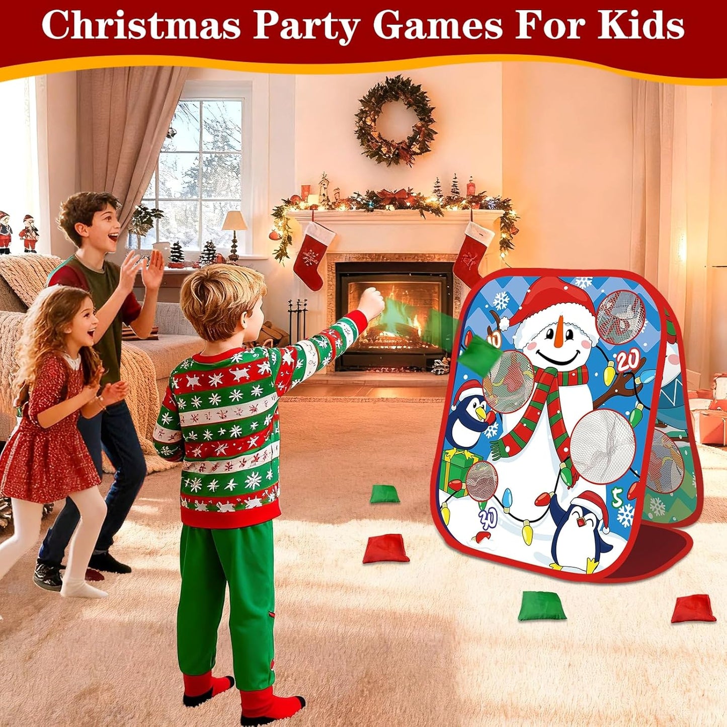 Skiennix Christmas Party Games - Double-Sided Bean Bag Toss Game | Foldable Cornhole Board for Family Fun