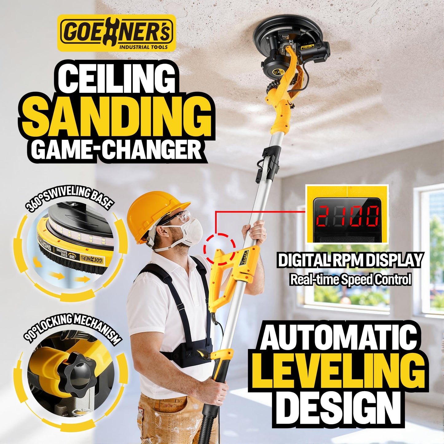 Drywall Sander, 950W 8.5A Electric Drywall Sander with Vacuum Dust Collector, 9 Variable Speed 800-2100RPM, 26FT Power Cord, Wall Sander for Popcorn Ceiling, Pole Sander for Drywall (Yellow)