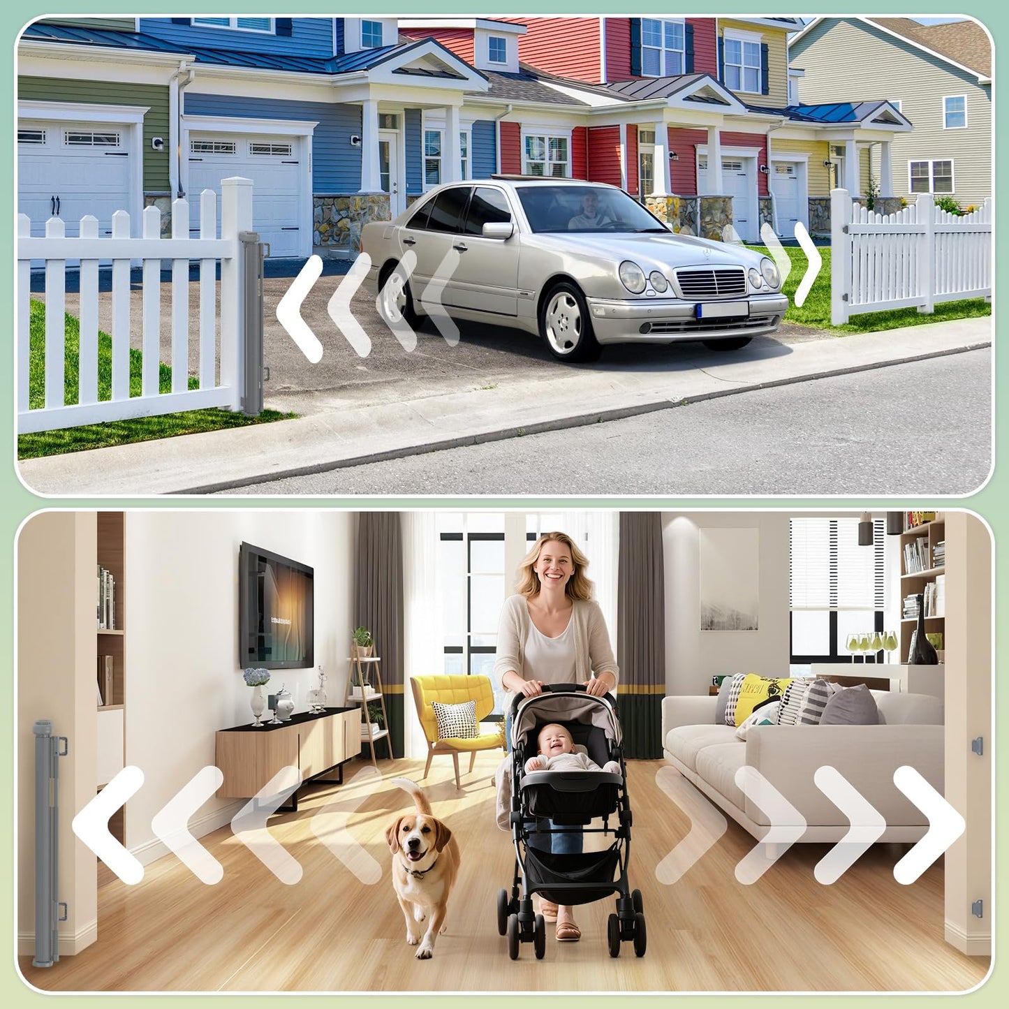 200'' Retractable Baby Gates Extra Wide,34" Tall Retractable Dog Gate for Doorways, Stairs, Hallways, Decks, Garage,16 FT Indoor/Outdoor Grey Retractable Gate with Fiberglass Reinforcement Rods