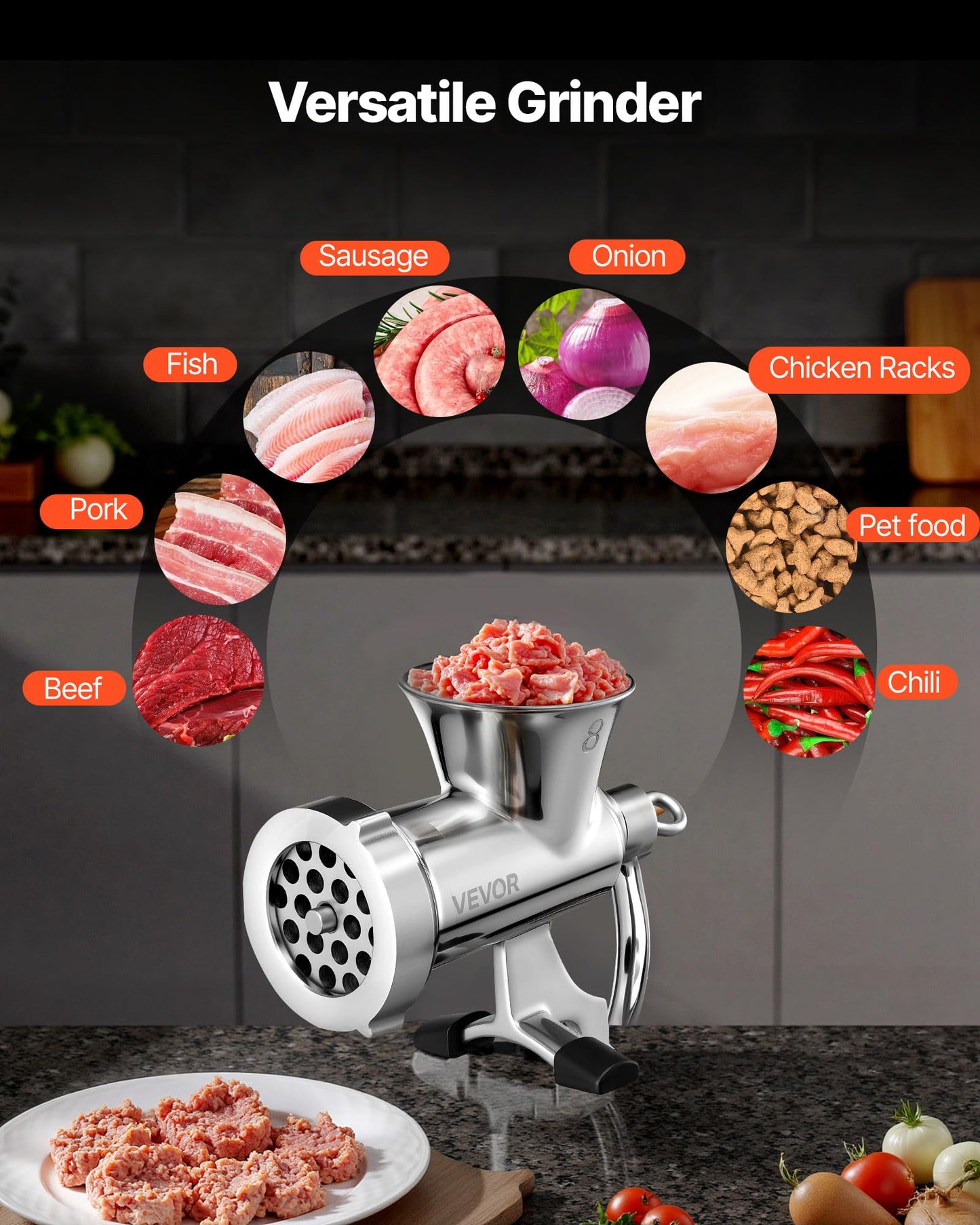 VEVOR Manual Meat Grinder, 304 Stainless Steel Hand Crank Meat Mincer with Steel Table Clamp, Sausage Stuffer with 2 Cutting Plates & Sausage Tube, Food Grinder for Beef Chili Pork Kitchen Tabletop
