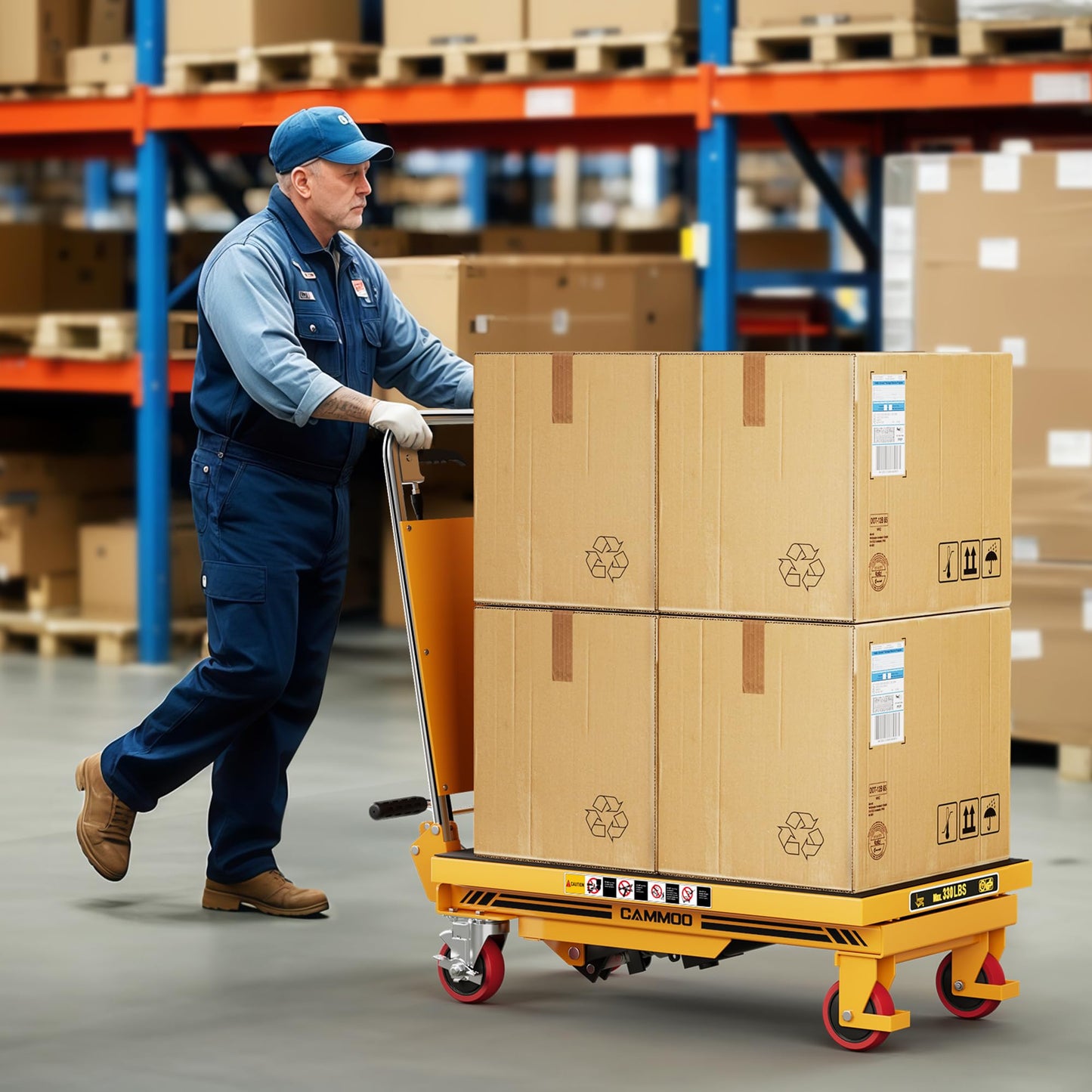 CAMMOO Foldable Hydraulic Lift Table Cart, 330lbs Capacity, 28.5" Lifting Height, Single Scissor Lift with Non-Slip Pad & Thickened Scissors Design for Material Handling and Transportation, Yellow