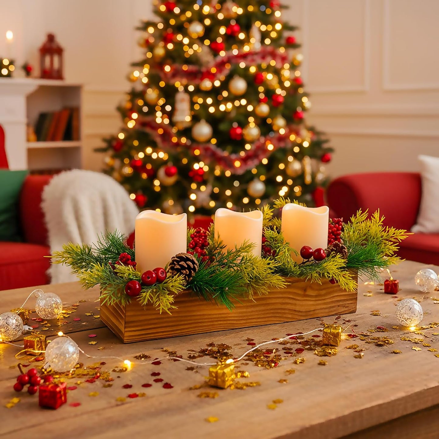 Regine Switzerland Christmas Table Centerpiece - 3 Flameless LED Candles with Pine Cones & Red Berries | Rustic Wood Holders for Holiday Dining & Xmas Party Decor